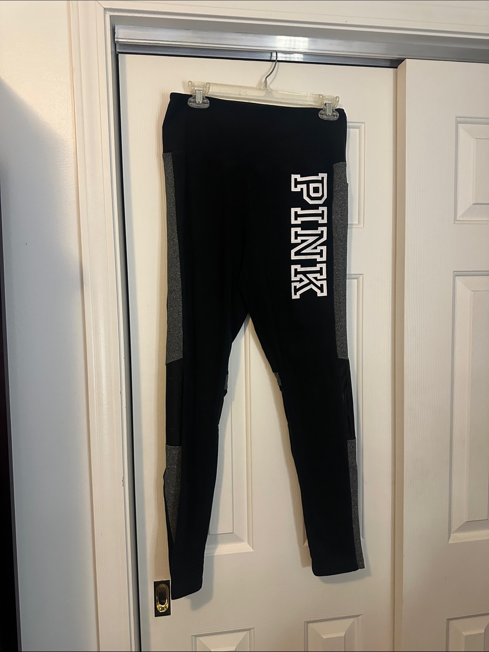 PINK Victoria's Secret Black Leggings with Gray Side Panels and White Logo